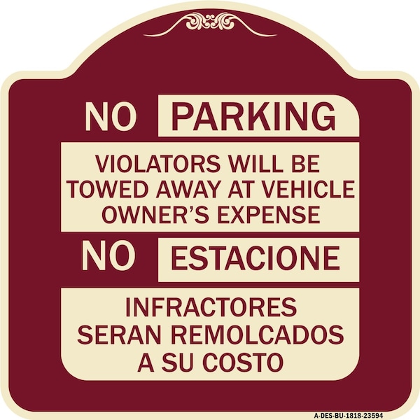 Signmission No Parking Violators Will Be Towed Away at Vehicle Owners Expense No Estacione Infra, BU-1818-23594 A-DES-BU-1818-23594 - main